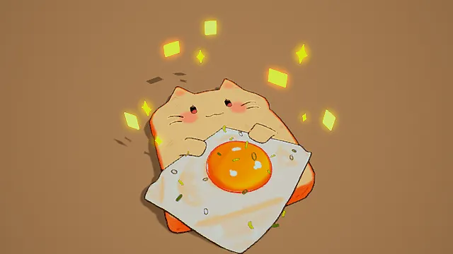 卡通风格3D美食与小动物结合模型，创意设计（卡通美食、3D模型、面包造型、煎蛋、可爱表情、彩色光点、灰色背景、趣味造型 