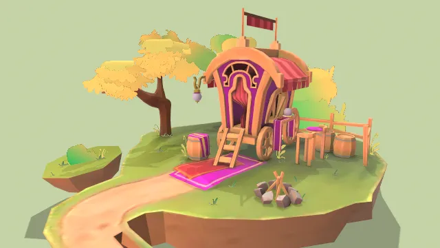 卡通风格流浪者马车场景树木