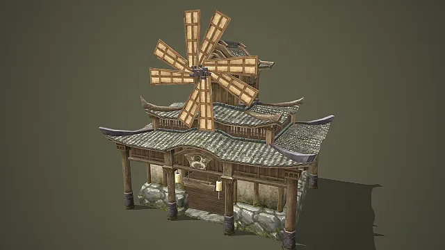 古风武侠风格风车民居建筑游戏模型