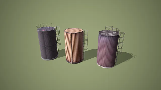 卡通风格三款不同材质立式储液罐组合 3D 低多边形工业场景模型