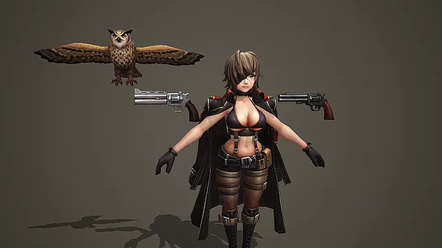 卡通 Q 版棕发女枪手带双枪猫头鹰伙伴 3D 游戏角色模型