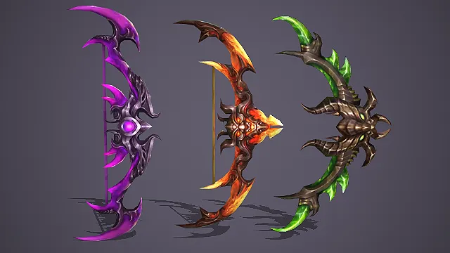 三款奇幻风格战弓武器套装 紫晶炎魔与翡翠猎手主题道具
