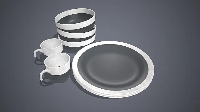 工业风撞色的3D餐具与马克杯套装模型