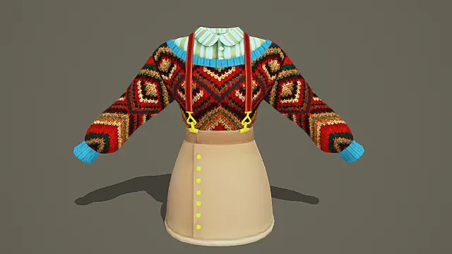 个性复古风格针织套装3D服装模型