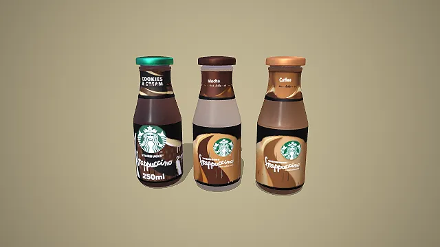 卡通风格三款星巴克星冰乐瓶装组合 3D 低多边形饮品场景装饰模型