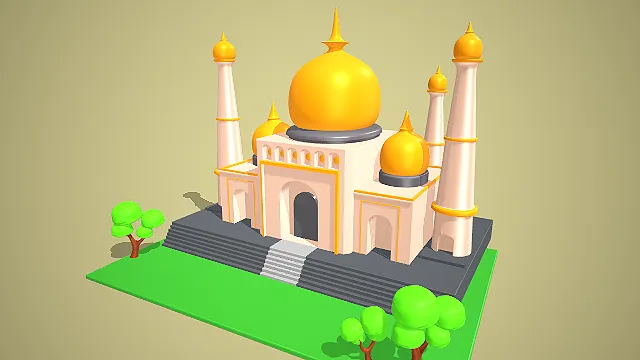 卡通风格泰姬陵式清真寺 3D 低多边形场景装饰模型
