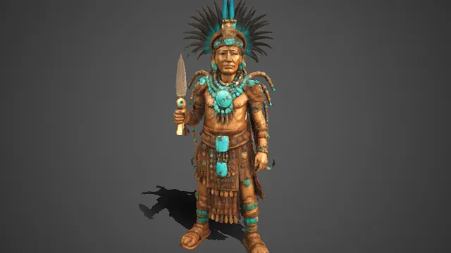 玛雅古文明  3D 角色模型  祭司  羽冠  绿松石饰品  骨质装饰  威严庄重  宗教