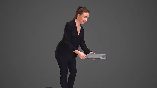 黑衬衫套裤女性持文件俯身职场人物 3D 模型