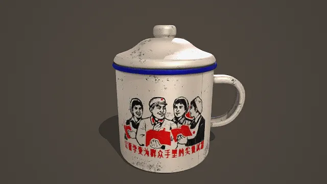3D卡通风格白蓝红黑系复古搪瓷杯模型，创意设计（3D搪瓷杯、卡通风格、卡通复古风，水杯设计主题）