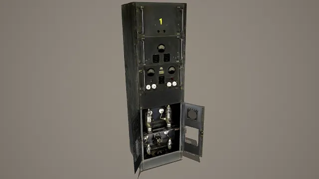 写实风格3D复古扩音设备模型，创意设计（写实复古扩音设备、黑银主色调、金属机柜结构、仪表与电子元件细节）