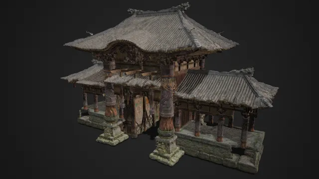 中式古建风格  传统歇山顶设计  瑞兽构件  雕花石柱  石砌台基  飞檐  传统建筑美学