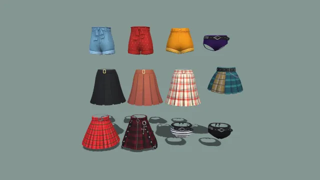 蝴蝶结短裤与格纹百褶裙及个性裤衩十二件套 3D 模型