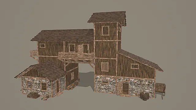 复古错落式木石工坊建筑群3D模型