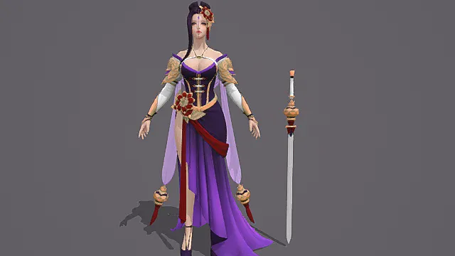国风仙侠风女性角色模型（紫金红配色华丽服饰造型）