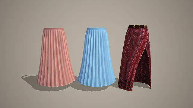 粉蓝双色百褶裙与民族风开衩半身裙三件套 3D 模型