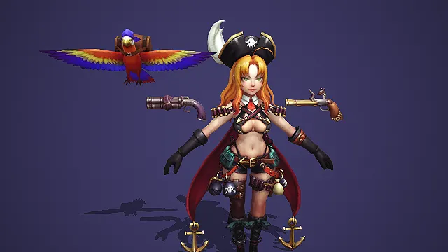 卡通 Q 版金发骷髅标女海盗带双枪鹦鹉锚形披风 3D 游戏角色模型