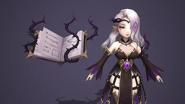 紫瞳黑裙暗精灵法师角色模型带荆棘魔法书