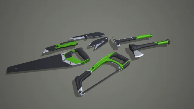 绿黑工业手锯斧头与多功能刀具七件套 3D 模型