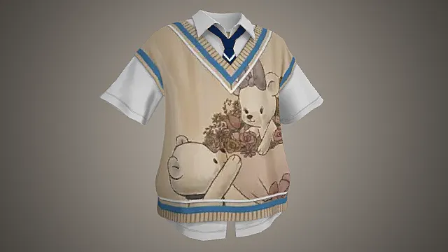 学院风小熊印花 V 领背心套装模型