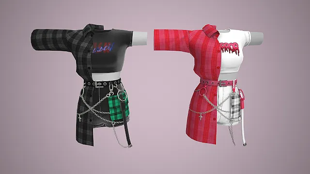 朋克风穿搭  格纹拼接  露脐短上衣  金属链条