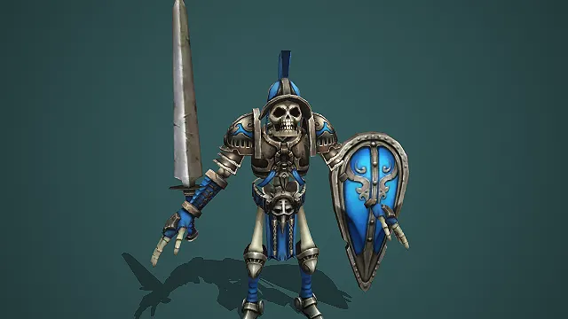 卡通 Q 版蓝甲骷髅剑盾卫兵亡灵怪物 3D 游戏 BOSS 模型