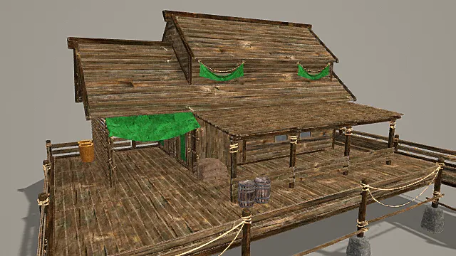 国风渔村风格临水功能木屋模型