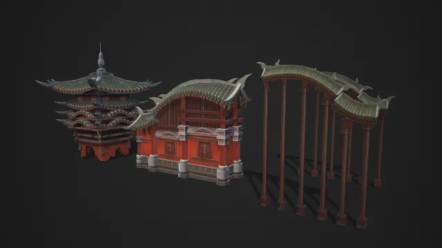 手绘中国风古代建筑 亭台楼阁 廊道 3d模型