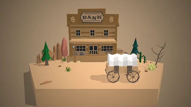 一个卡通风格的3D低多边形西部银行模型