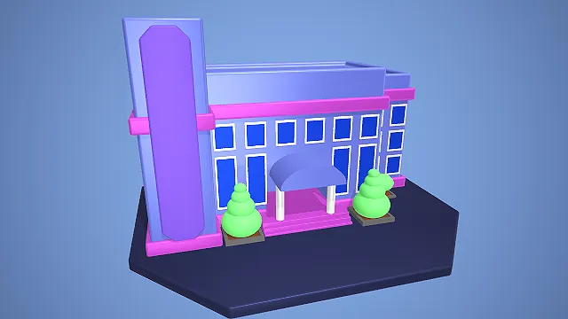 卡通风格多层酒店建筑 3D 低多边形城市场景装饰模型