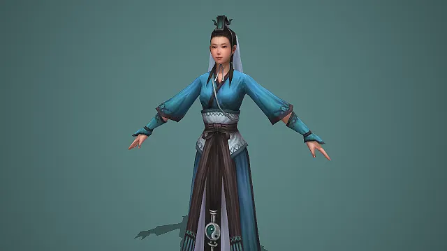 带太极挂饰的古风蓝袍女道士游戏角色模型