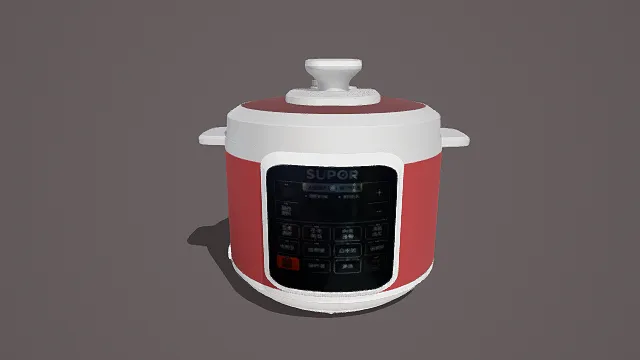 3D卡通风格红白黑系电压力锅模型，创意设计（3D电饭煲、卡通风格、写实风，电饭煲设计主题，物品元素）