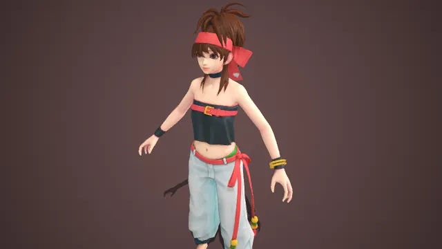 元气少女角色  棕发高束造型  露脐抹胸  红黑撞色  色彩明快  宽松版型  青春  二次元活力少女  灵动俏皮