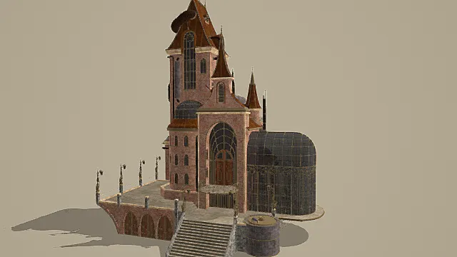 奇幻蒸汽风红砖扭曲尖顶庄园建筑3D模型