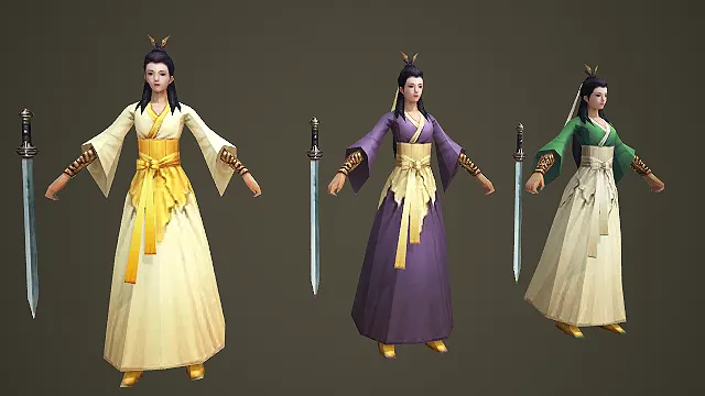 三色古风仕女剑客配剑角色模型