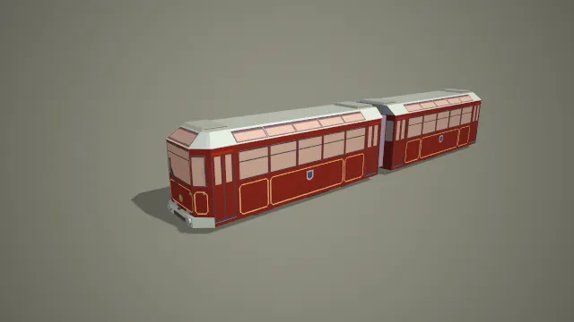 红金配色复古双节有轨电车写实交通工具 3D 模型