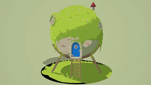 3D卡通风格绿蓝棕红系奇幻球形屋模型，创意设计（3D树屋、卡通风格、卡通奇幻风，树屋设计主题）