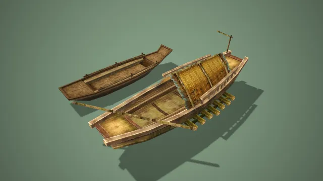 写实风格古风乌篷船与平底木船组合 3D 水上场景道具模型