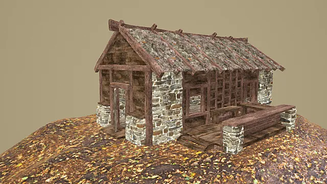 卡通风格中世纪石木混合带平台乡村屋3D模型
