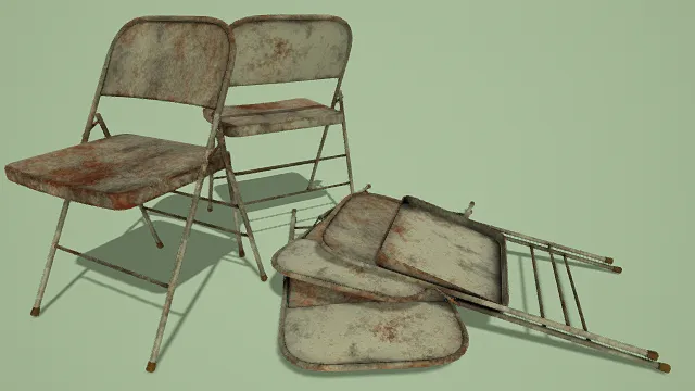 3D卡通风格生锈折叠椅模型，创意设计（3D家具、卡通风格、写实风，家居设计主题）