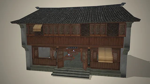 中式古风茶楼  国风市集  竹帘茶席  茶铺道具