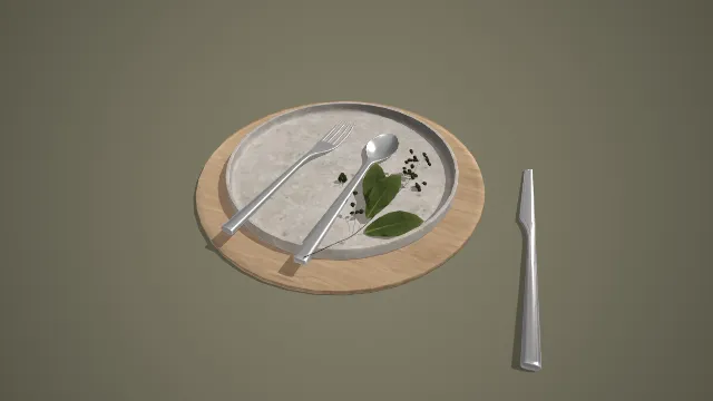 木质底托金属餐盘配黑色餐具与植物装饰 3D 模型