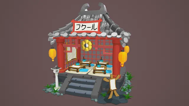 3D卡通风格日式茶屋场景模型，创意设计（3D场景、卡通风格、温馨和风，场景主题）