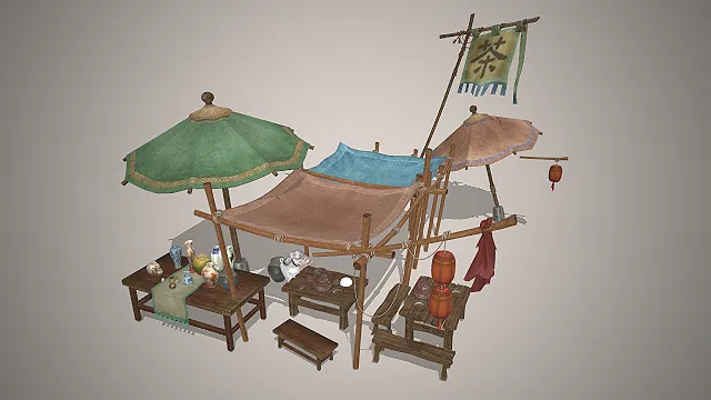 古风茶摊  竹制遮阳棚  陶瓷茶具  古风武侠资产