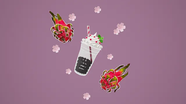 3D卡通风火龙果奶茶场景模型，创意设计（3D奶茶场景、卡通风格、透明奶茶杯、火龙果、甜美清新、夏日饮品、美食主题）