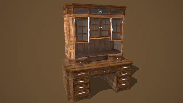   3D卡通风格棕蓝白系复古木质书桌柜模型，创意设计（3D书桌柜、卡通风格、卡通复古风，家具设计主题）