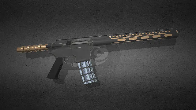 一款采用黑金配色与镂空弹匣的科幻风格步枪