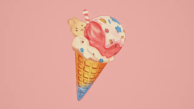 3D卡通风格粉黄蓝系童趣冰淇淋模型，创意设计（3D冰淇淋、卡通风格、童趣甜美风，美食设计主题）