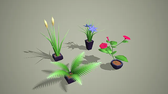 卡通低模香蒲蕨类盆栽组合 3D 模型套装 室内装饰素材