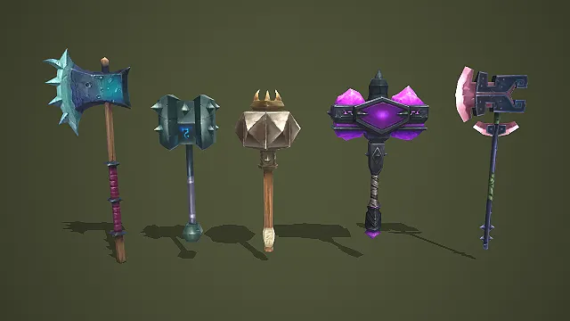 五款奇幻风格战斧战锤武器道具组合模型