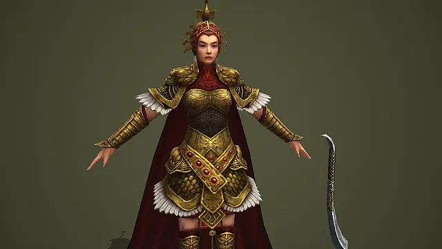 披红袍的金鳞战甲持弯刀古风女将游戏角色模型